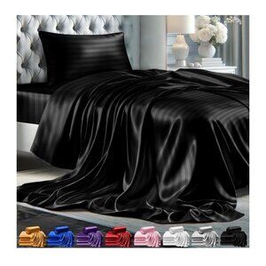 Luxury Satin Sheet Set Twin Black‎ Stripped With Pillowcases Deep Pocket